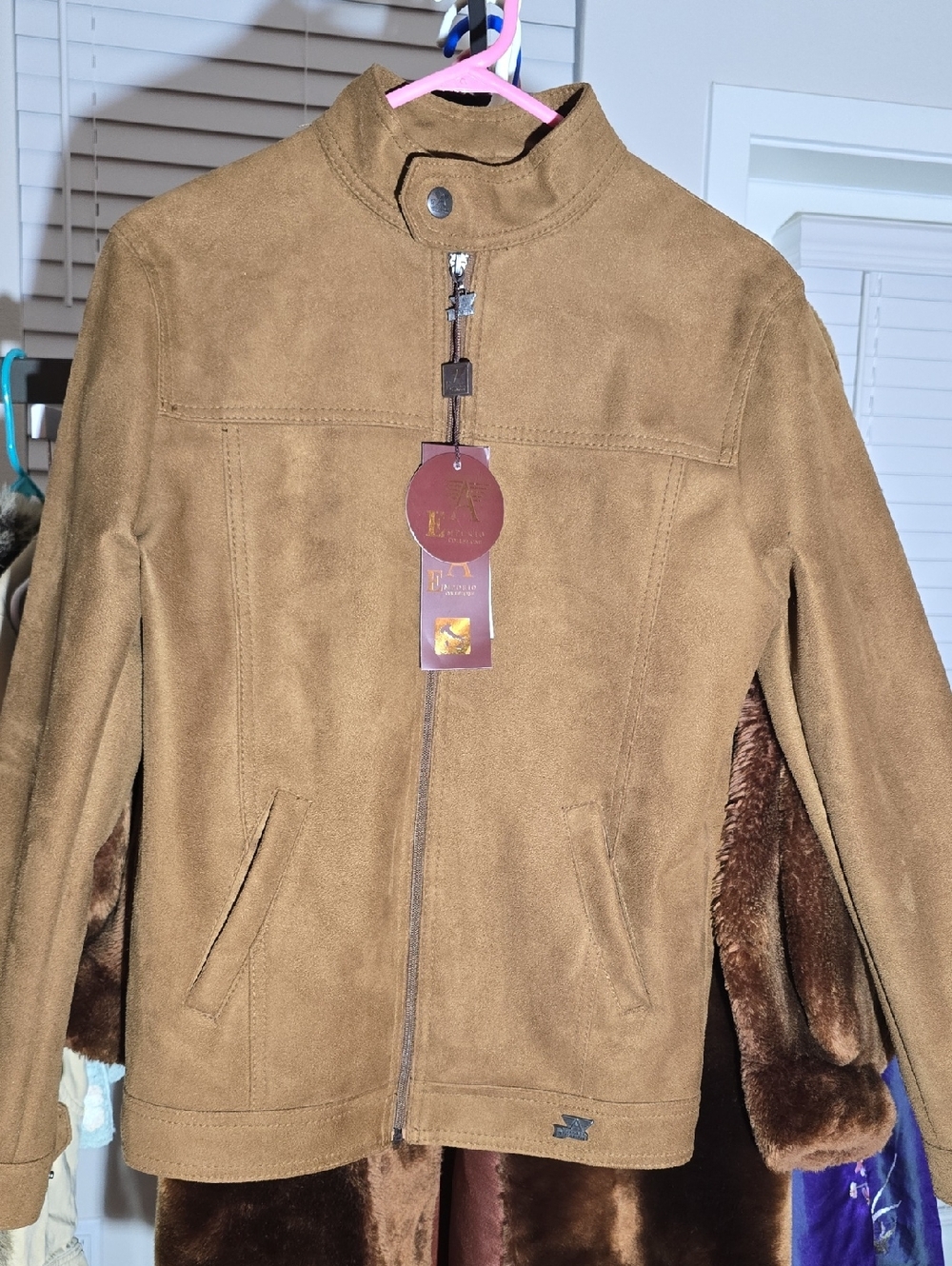 Tan Suede-Look Zip Front Jacket